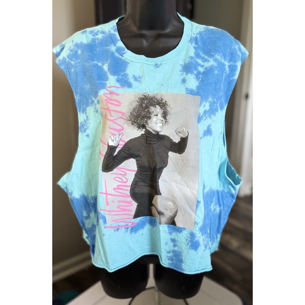 NWT Whitney Houston sizeXL Womens Blue  Tie Dye Cropped Tank Graphic Raw Hem
